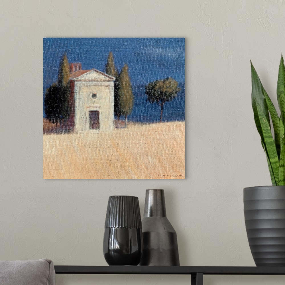 A modern room featuring Contemporary painting of a church in the Tuscan countryside.