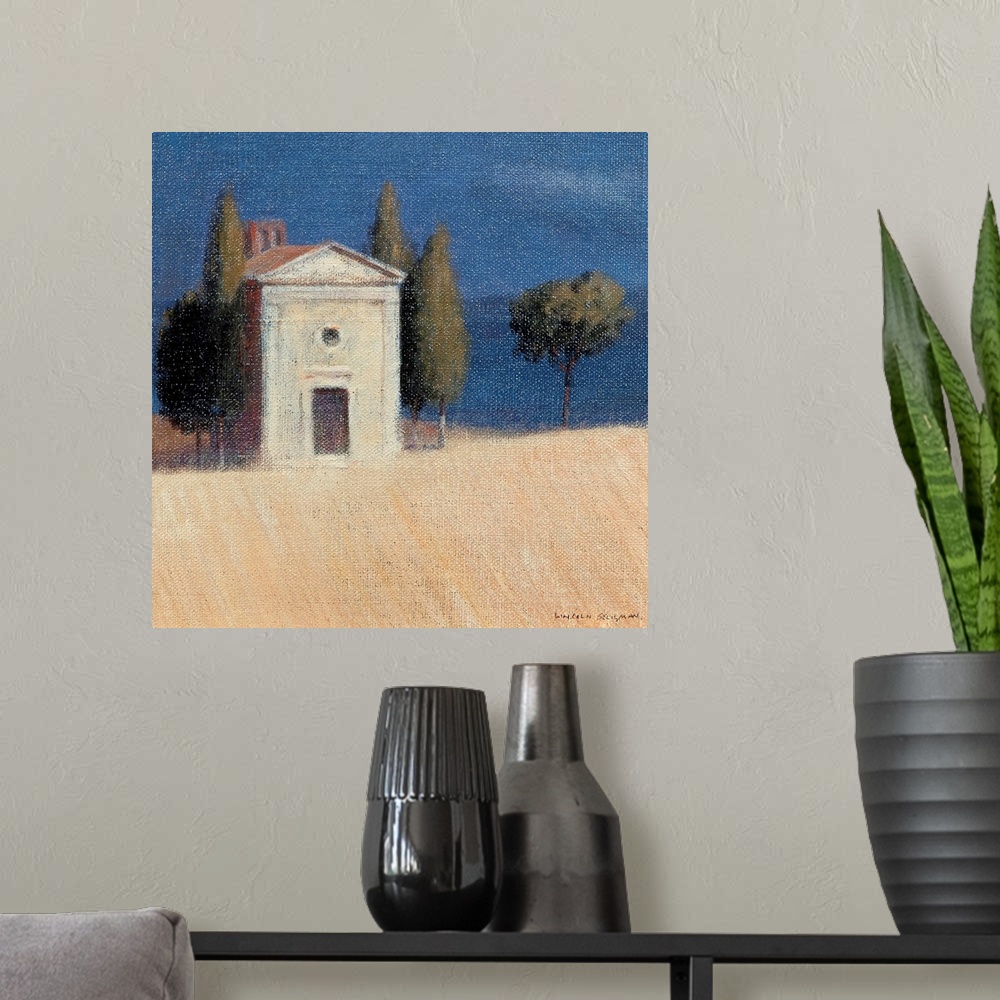 A modern room featuring Contemporary painting of a church in the Tuscan countryside.
