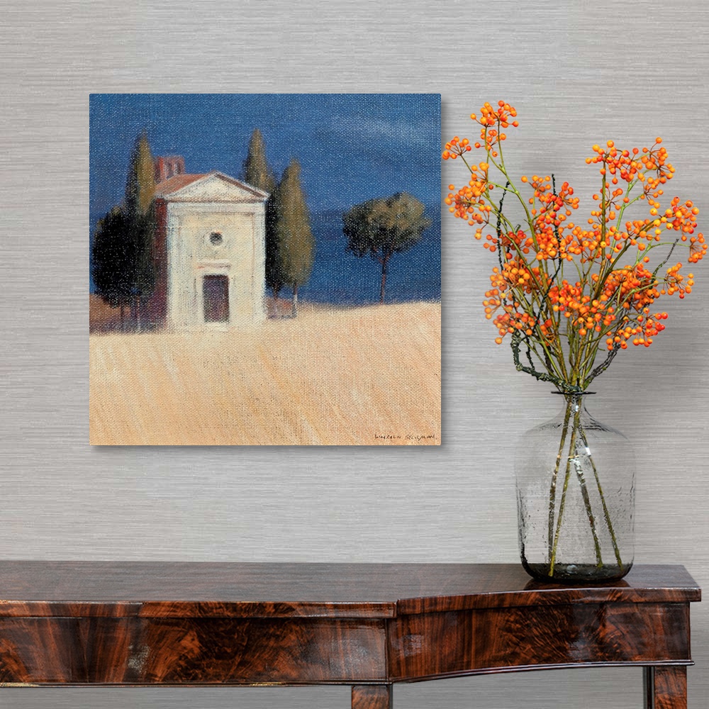 A traditional room featuring Contemporary painting of a church in the Tuscan countryside.
