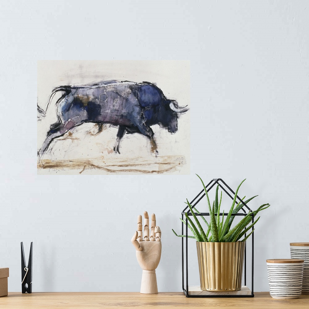 A bohemian room featuring Contemporary painting of a charging bull.l