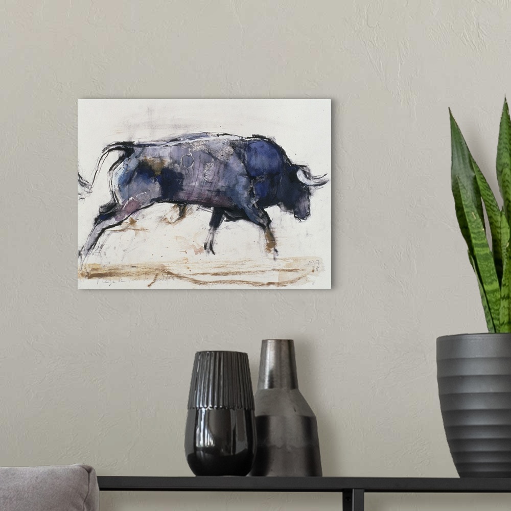 A modern room featuring Contemporary painting of a charging bull.l
