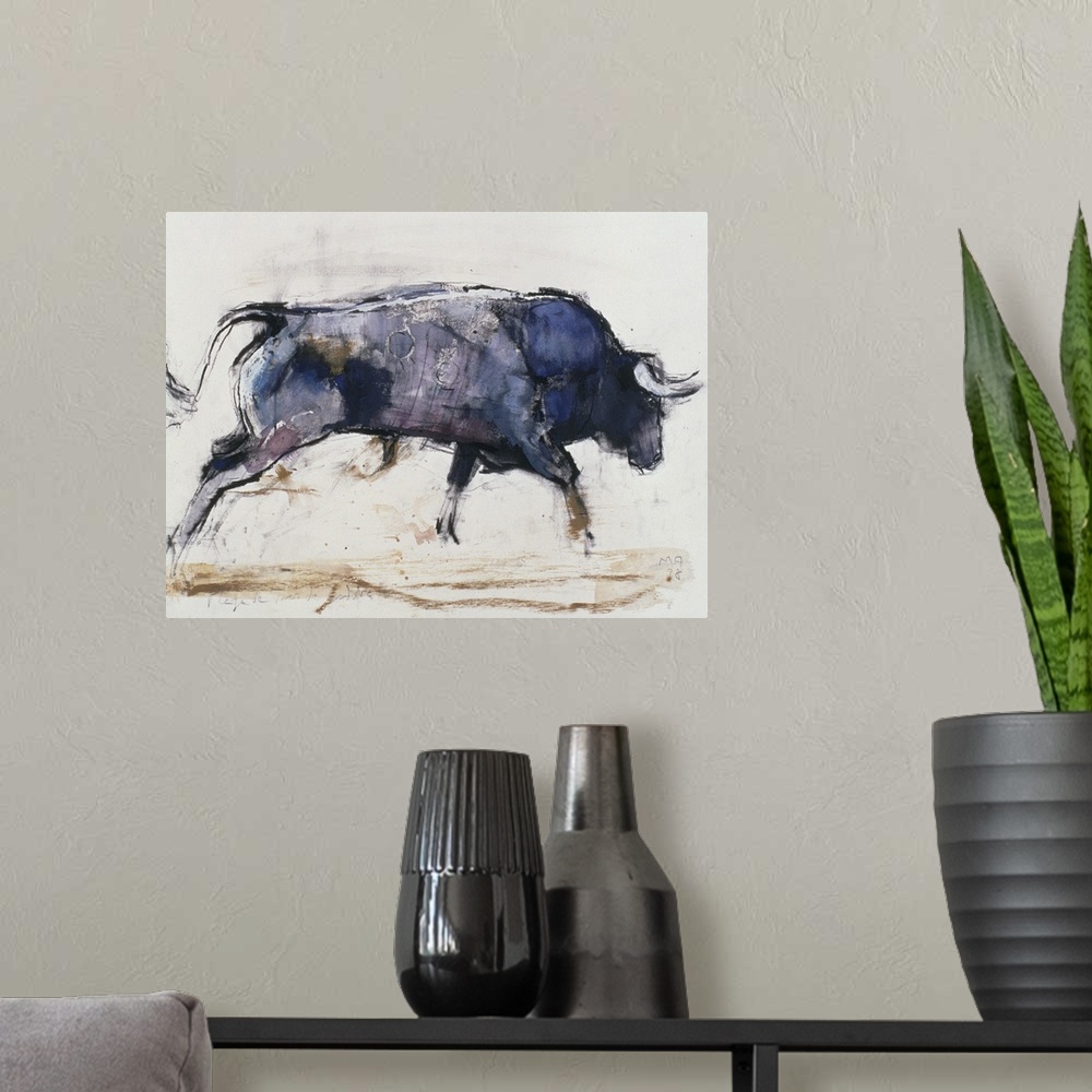 A modern room featuring Contemporary painting of a charging bull.l