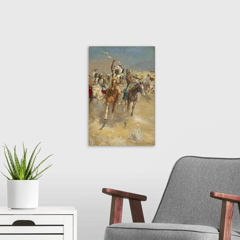 A modern room featuring Charging Indians on Horseback. Original artwork for "Look and Learn," issue 59, 2 March 1963.