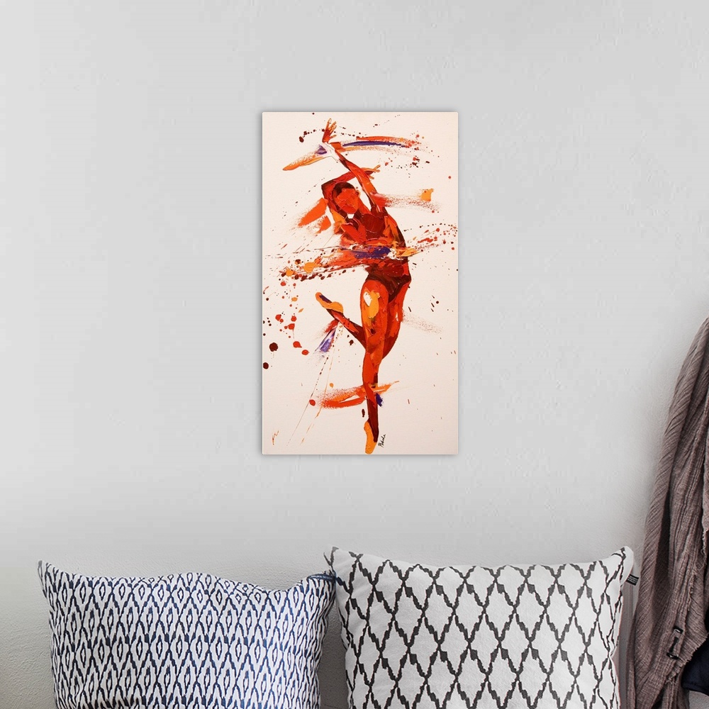 A bohemian room featuring Contemporary painting using deep warm tones to create a dancing figure against a tan background.
