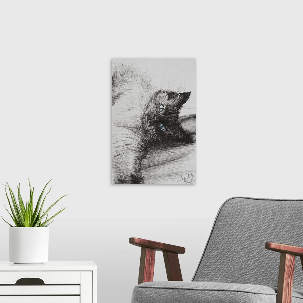A modern room featuring Contemporary artwork of a cat laying on its side.