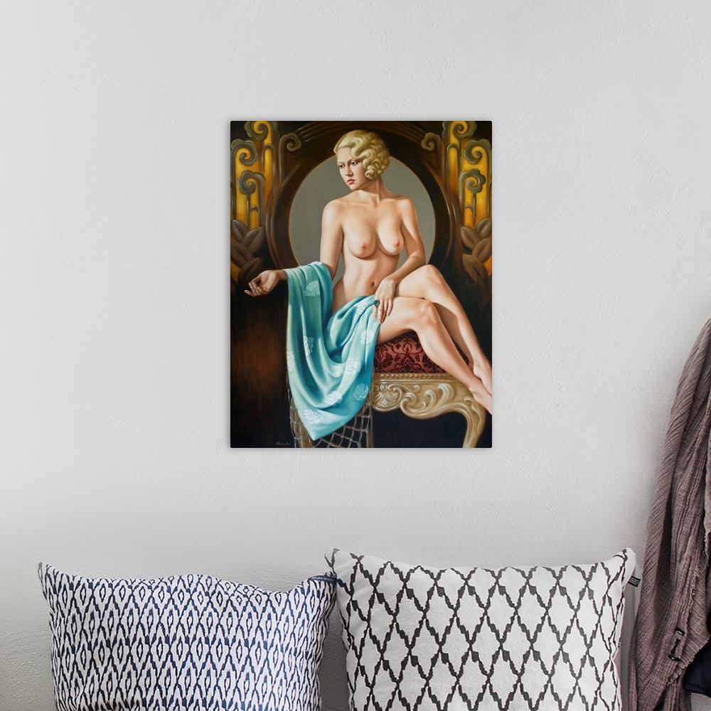 A bohemian room featuring Contemporary painting of a nude woman with a blue shawl.