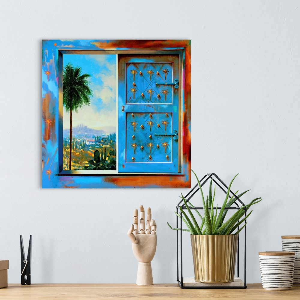 A bohemian room featuring Contemporary artwork of a window with one shutter closed, and a palm tree visible on the other side.