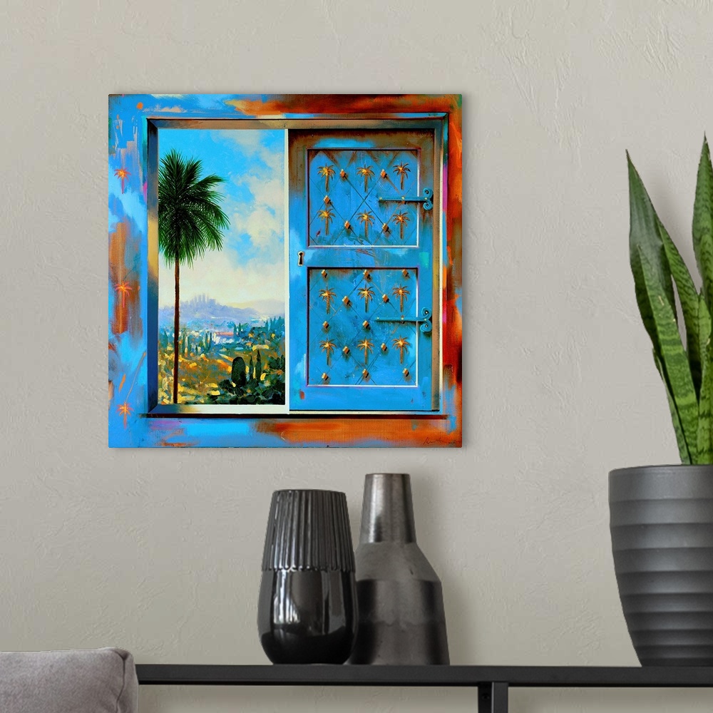 A modern room featuring Contemporary artwork of a window with one shutter closed, and a palm tree visible on the other side.