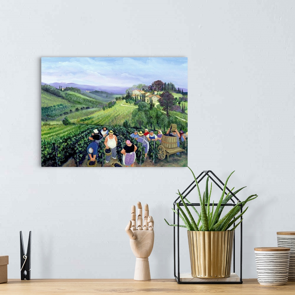 A bohemian room featuring Contemporary painting of farmers in a vineyard in Tuscany.
