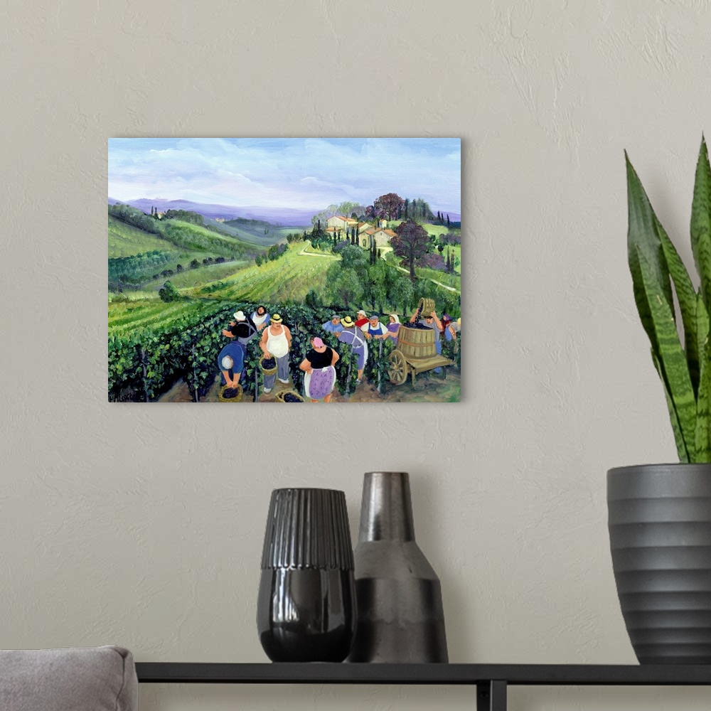 A modern room featuring Contemporary painting of farmers in a vineyard in Tuscany.