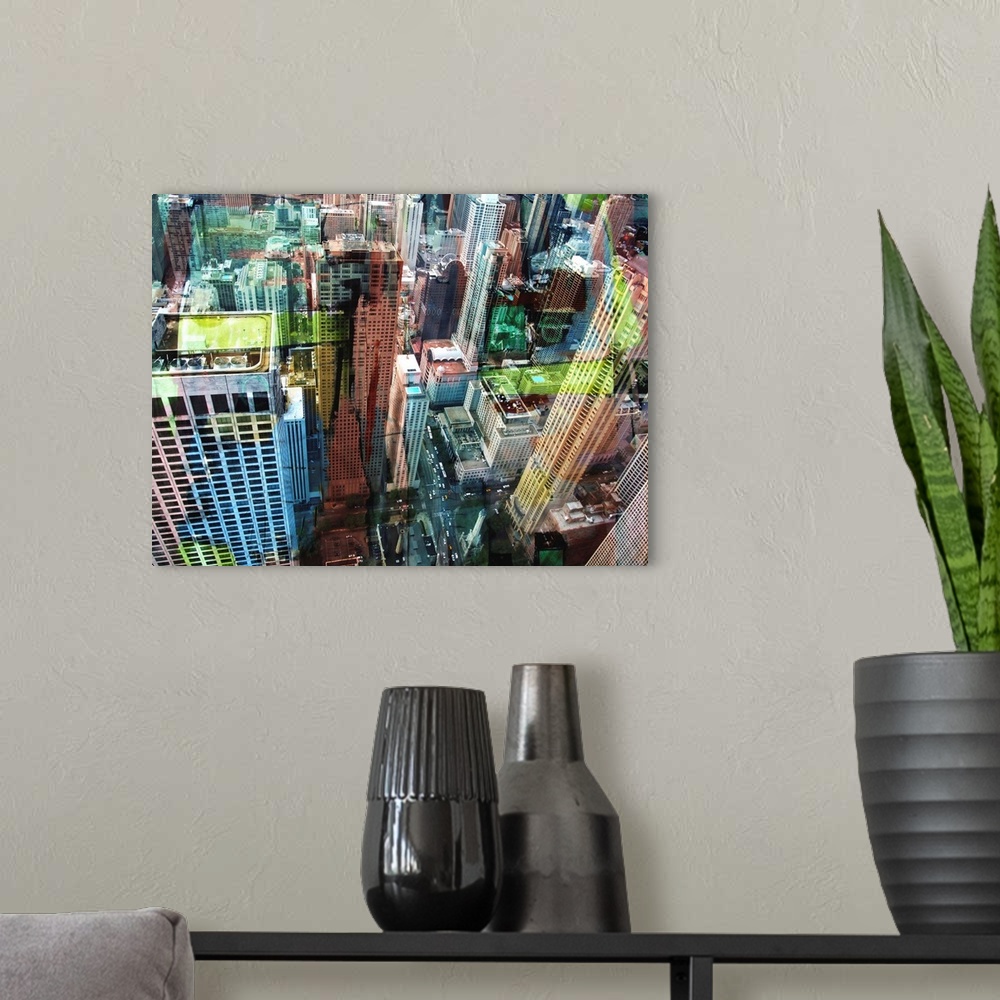 A modern room featuring Contemporary artwork of an aerial view of Chicago.
