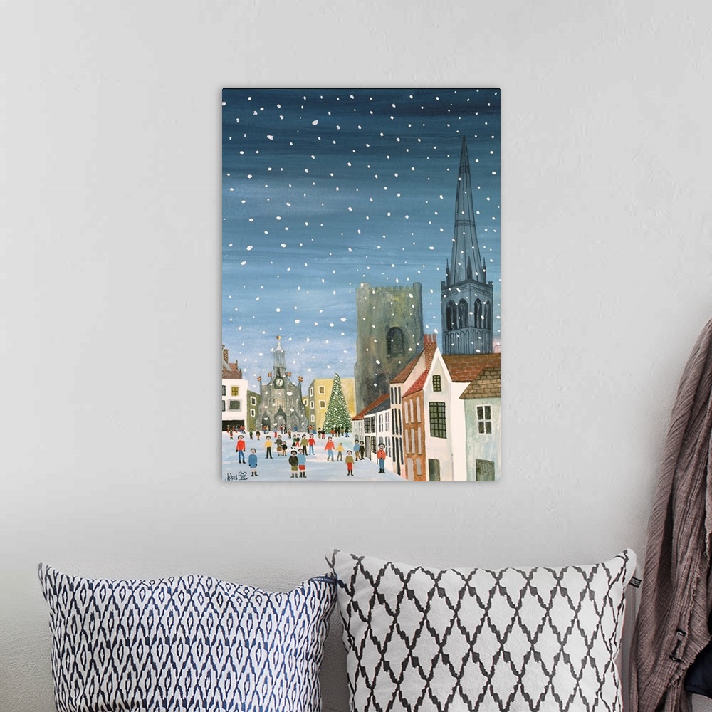 A bohemian room featuring Contemporary painting of people outside a cathedral in winter.