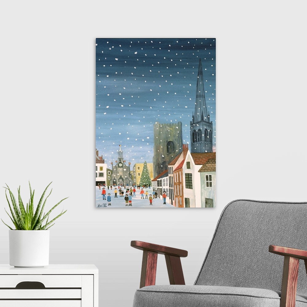 A modern room featuring Contemporary painting of people outside a cathedral in winter.