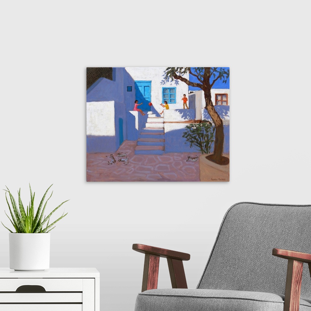 A modern room featuring Children and cats, Mykonos, 2017, (originally oil on canvas) by Macara, Andrew
