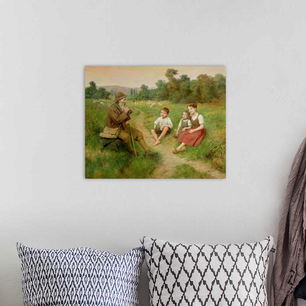 A bohemian room featuring Children Listen to a Shepherd Playing a Flute