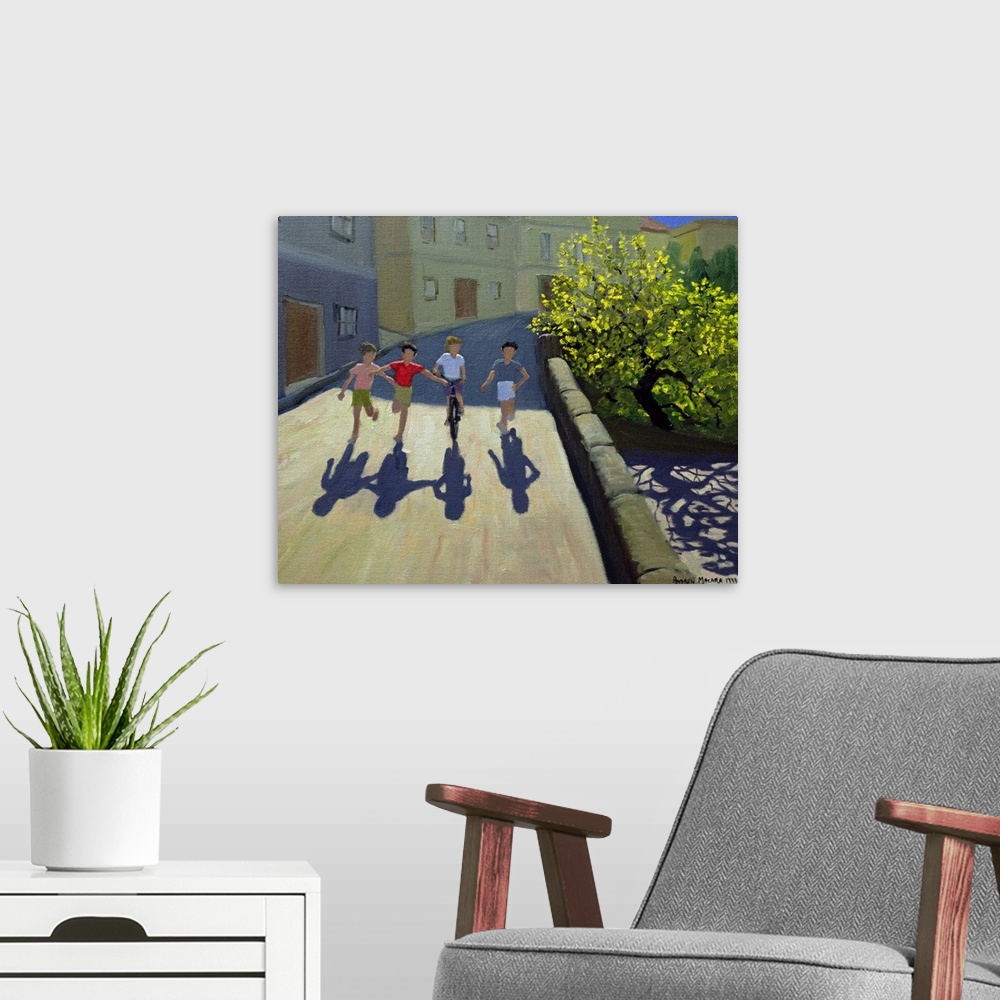 A modern room featuring Horizontal painting on a big canvas of three children running alongside one that is on a bicycle,...