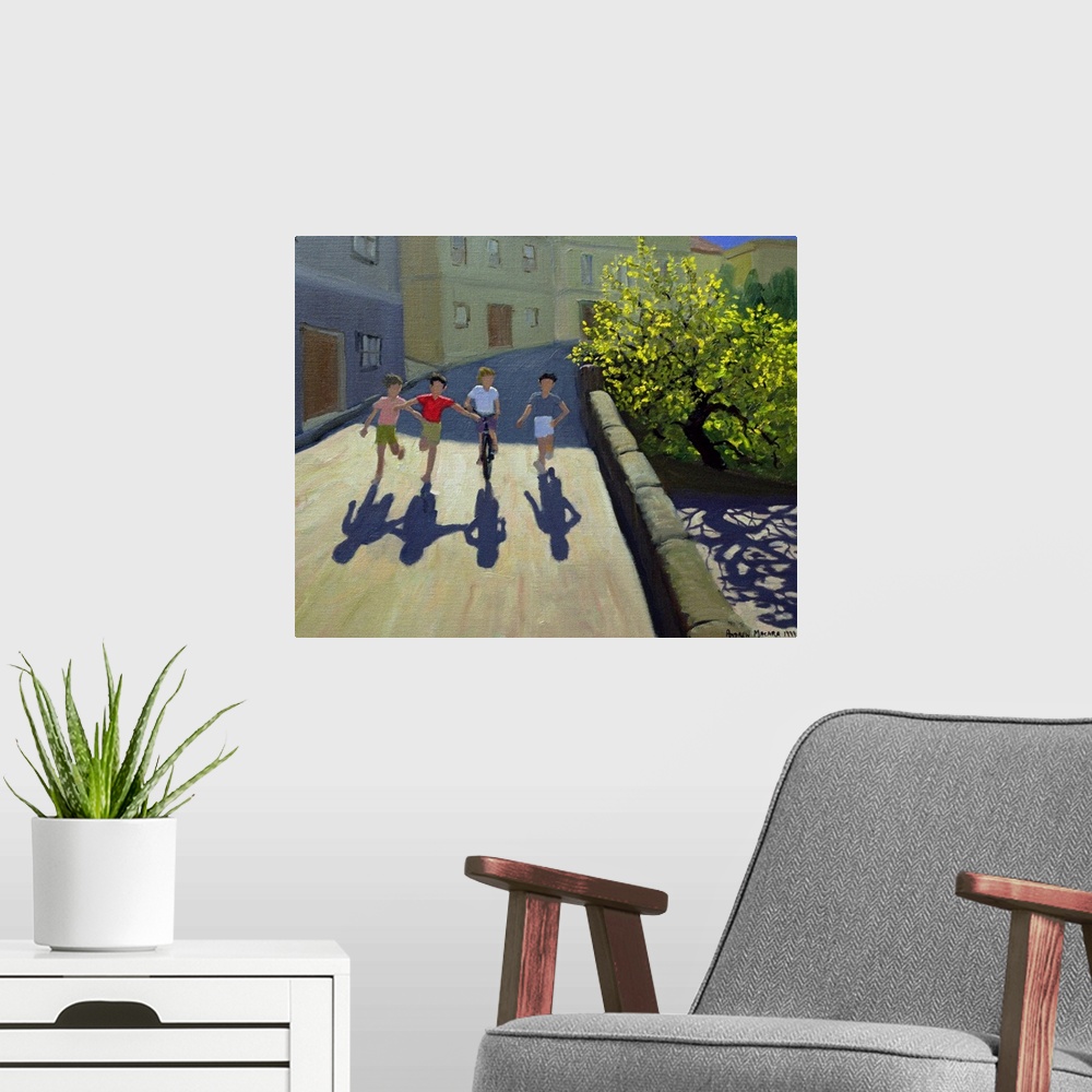 A modern room featuring Horizontal painting on a big canvas of three children running alongside one that is on a bicycle,...