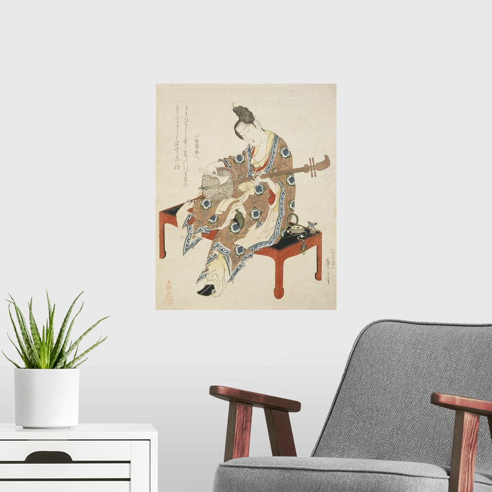 A modern room featuring Chinese Beauty Playing the Shamisen, c.1833-34