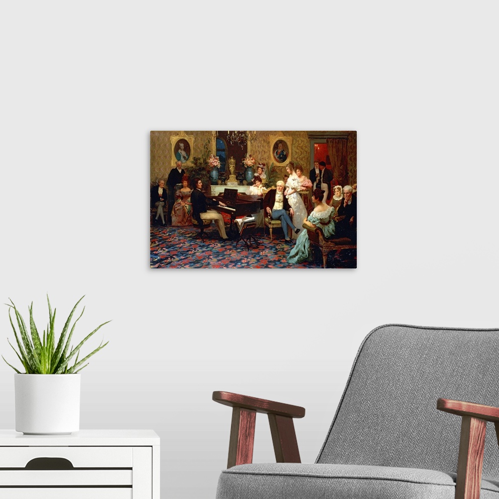 A modern room featuring XKL96671 Chopin Playing the Piano in Prince Radziwill's Salon, 1887 (originally oil on canvas)  b...