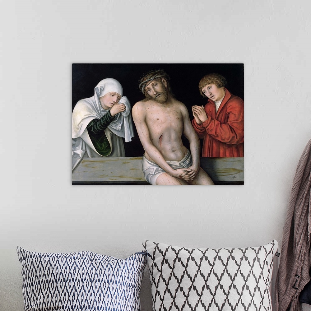 A bohemian room featuring XKH141602 Christ as the Man of Sorrows with the Virgin and St. John (oil on panel) by Cranach, Lu...