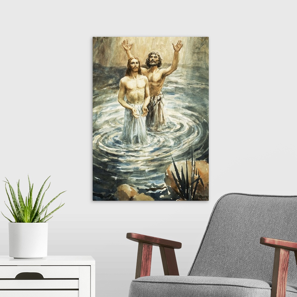 A modern room featuring Christ being baptised by John the Baptist