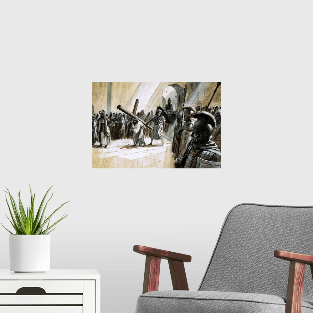 A modern room featuring Classic artwork of Christ holding the cross as He is surrounded by soldiers.
