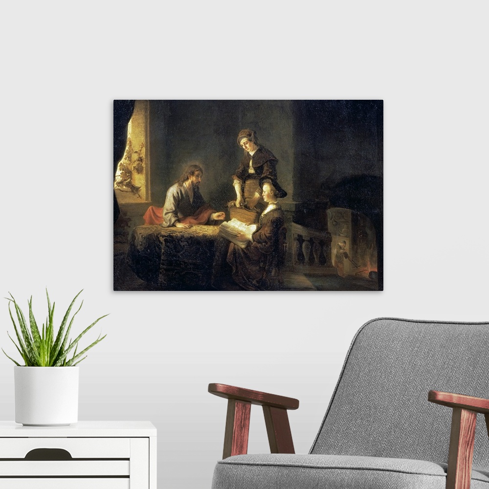 A modern room featuring BAL128279 Christ in the House of Martha and Mary (oil on canvas)  by Rembrandt Harmensz. van Rijn...