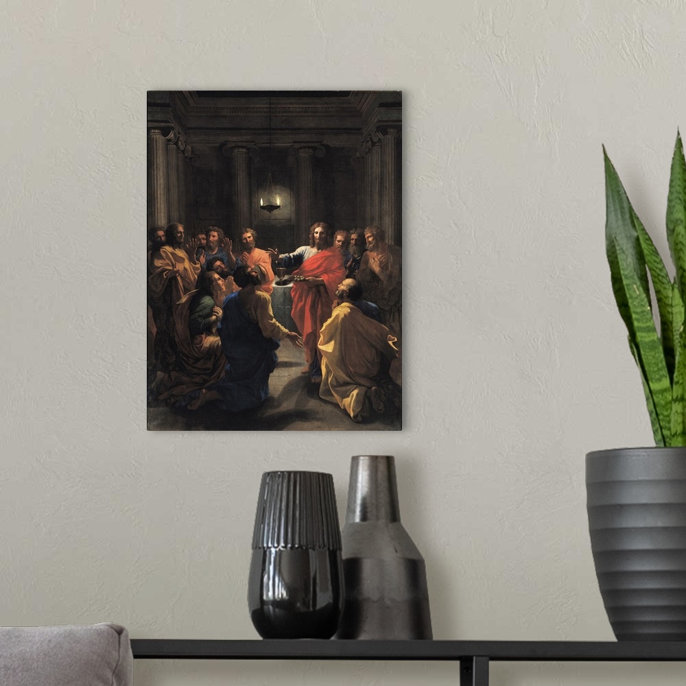 A modern room featuring XIR71551 Christ Instituting the Eucharist, or The Last Supper, 1640 (oil on canvas); by Poussin, ...
