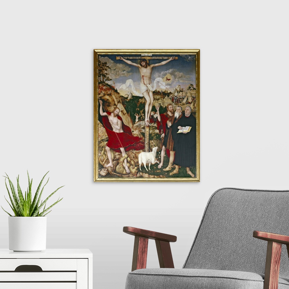 A modern room featuring XPH308464 Christ on the Cross, 1552-55 (oil on panel)  by Cranach, Lucas, the Elder (1472-1553); ...