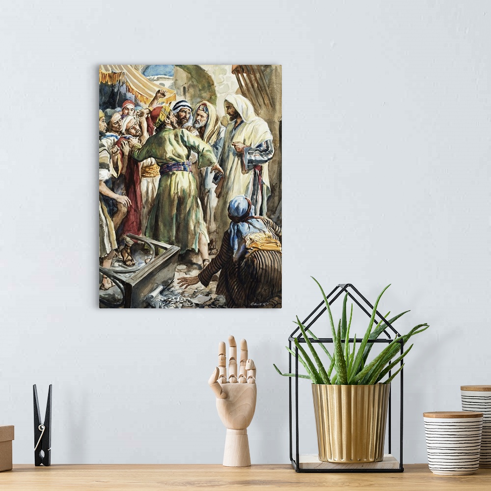 A bohemian room featuring Christ Removing the Money Lenders from the Temple. Original artwork for illustration in The Bible...