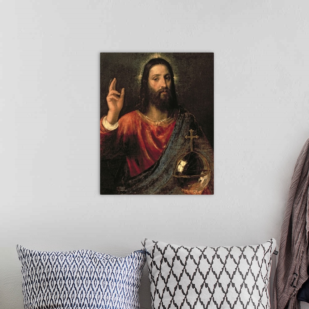 A bohemian room featuring Christ Saviour, c.1570 (oil on canvas) by Titian (Tiziano Vecellio) (c.1488-1576).