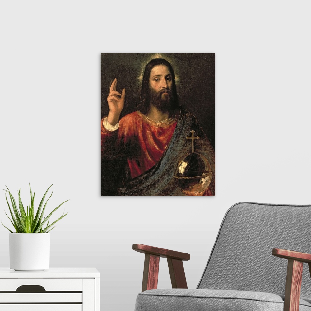 A modern room featuring Christ Saviour, c.1570 (oil on canvas) by Titian (Tiziano Vecellio) (c.1488-1576).