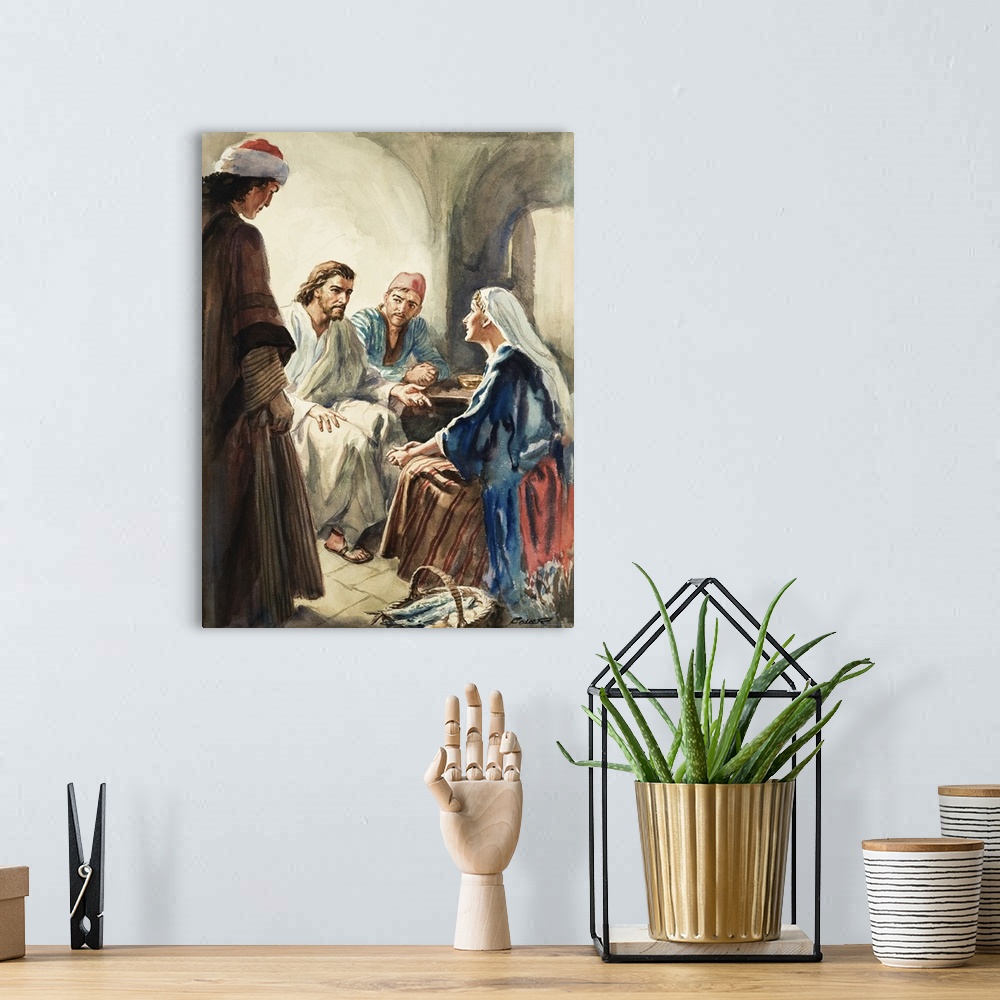 A bohemian room featuring Christ talking. Original artwork for illustration in The Bible Story or Look and Learn (issue yet...