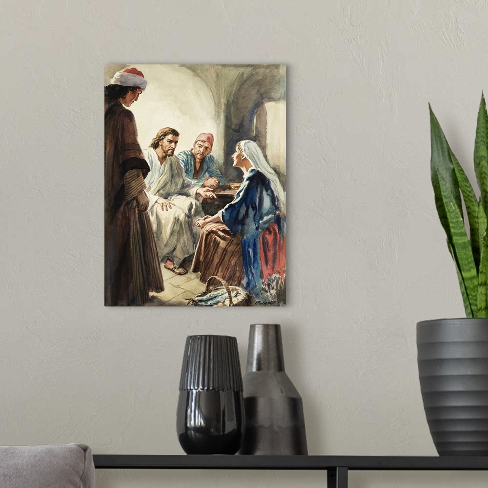 A modern room featuring Christ talking. Original artwork for illustration in The Bible Story or Look and Learn (issue yet...
