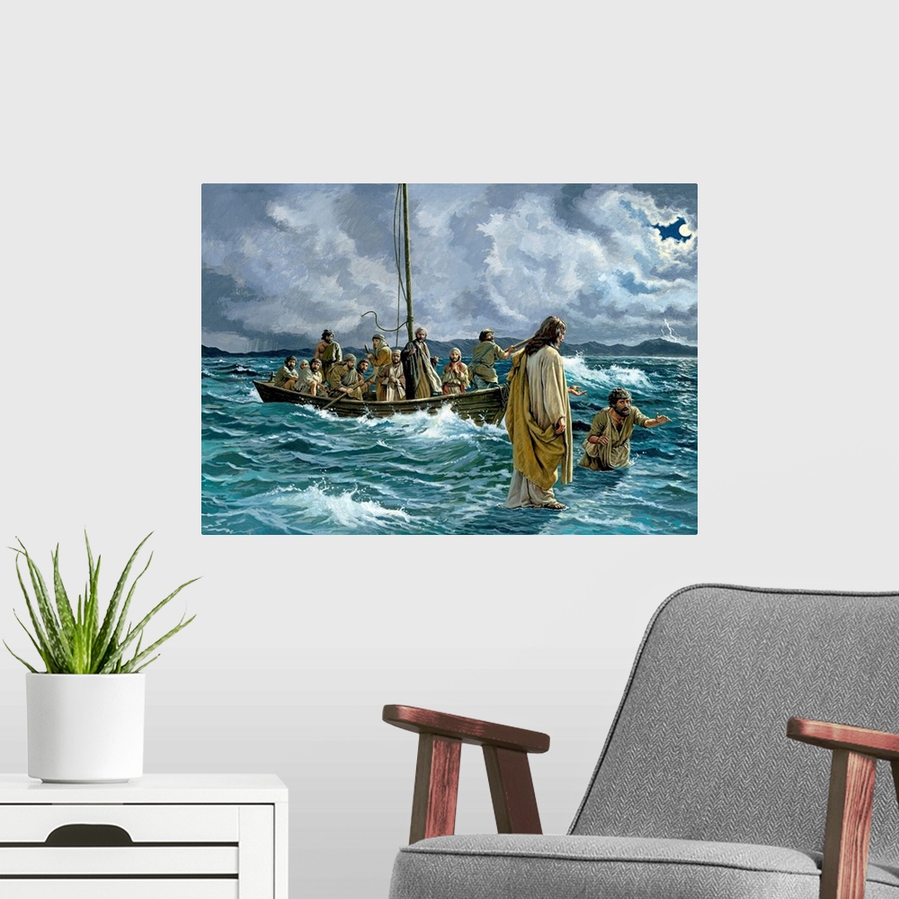 A modern room featuring Painting of Jesus walking on water.  The disciples are in a boat and Peter is sinking as he walks...