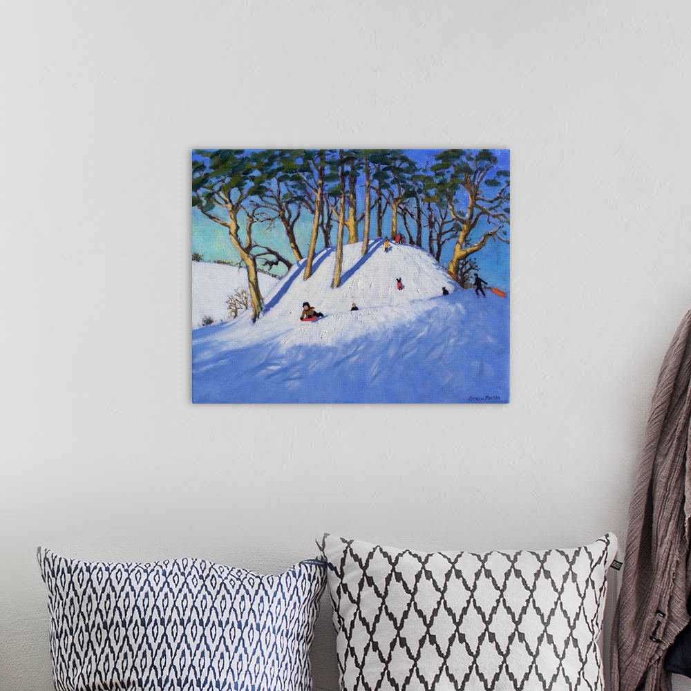A bohemian room featuring Christmas sledging, oil on canvas.