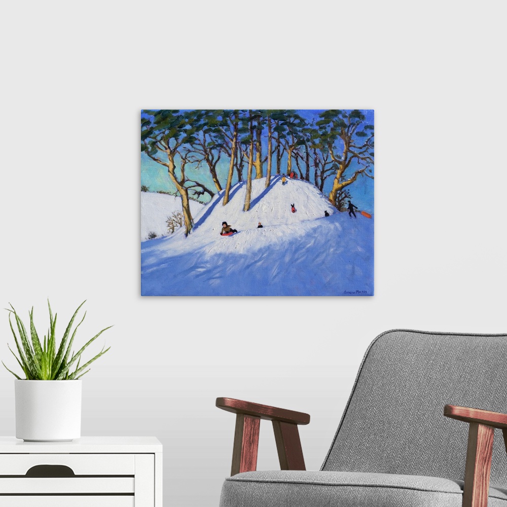 A modern room featuring Christmas sledging, oil on canvas.