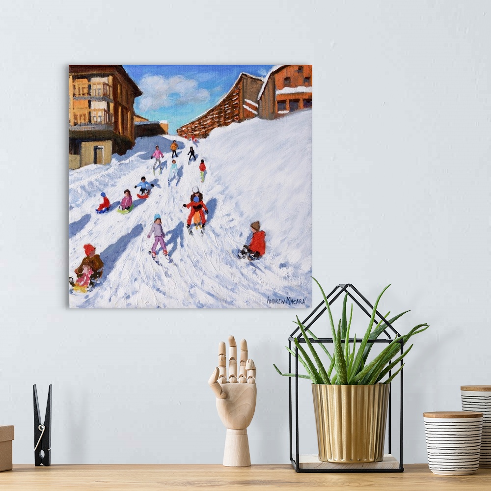 A bohemian room featuring Christmas Sledging, Les Arcs (originally oil on canvas) by Macara, Andrew