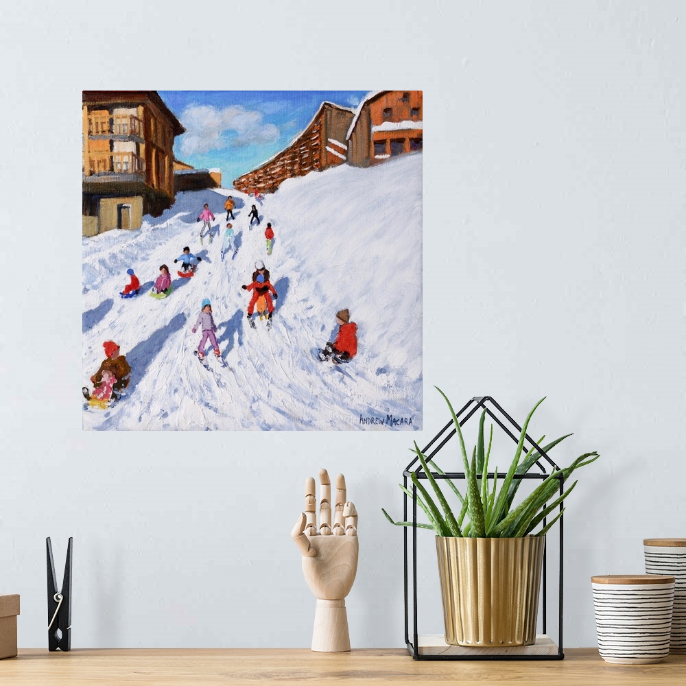 A bohemian room featuring Christmas Sledging, Les Arcs (originally oil on canvas) by Macara, Andrew