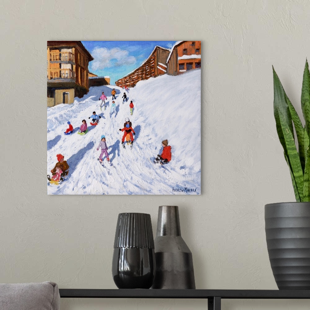 A modern room featuring Christmas Sledging, Les Arcs (originally oil on canvas) by Macara, Andrew
