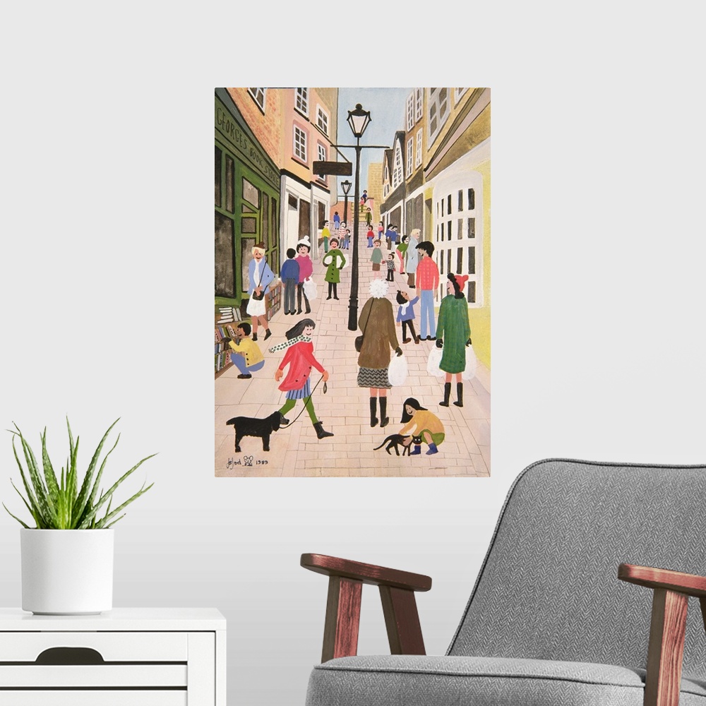 A modern room featuring Contemporary painting of people in the streets of Bristol.