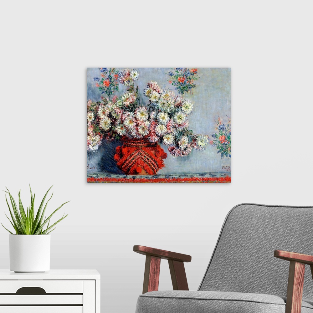 A modern room featuring Large, landscape classical painting of a big vase full of chrysanthemums, against a floral, wallp...