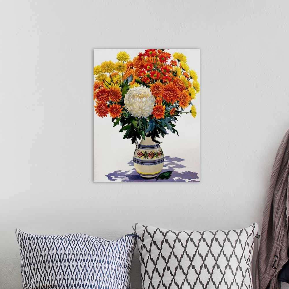 A bohemian room featuring Contemporary painting of a decorative vase holding a bouquet of flowers.
