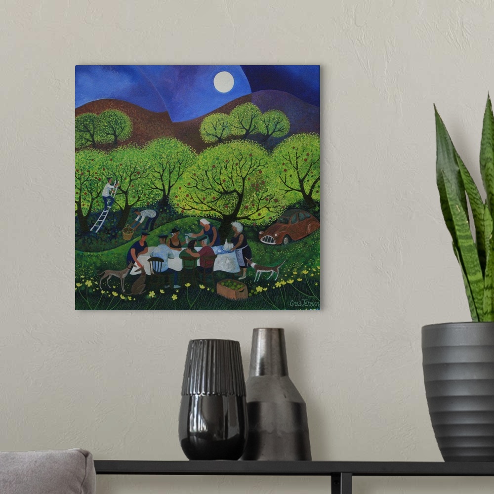 A modern room featuring Contemporary painting of people drinking apple cider in an orchard at night.