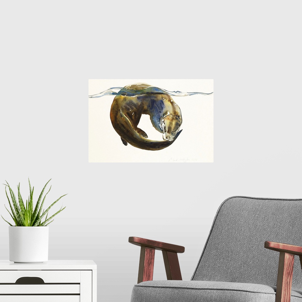 A modern room featuring Contemporary artwork of a sea otter from under water, with its back breaching the surface.