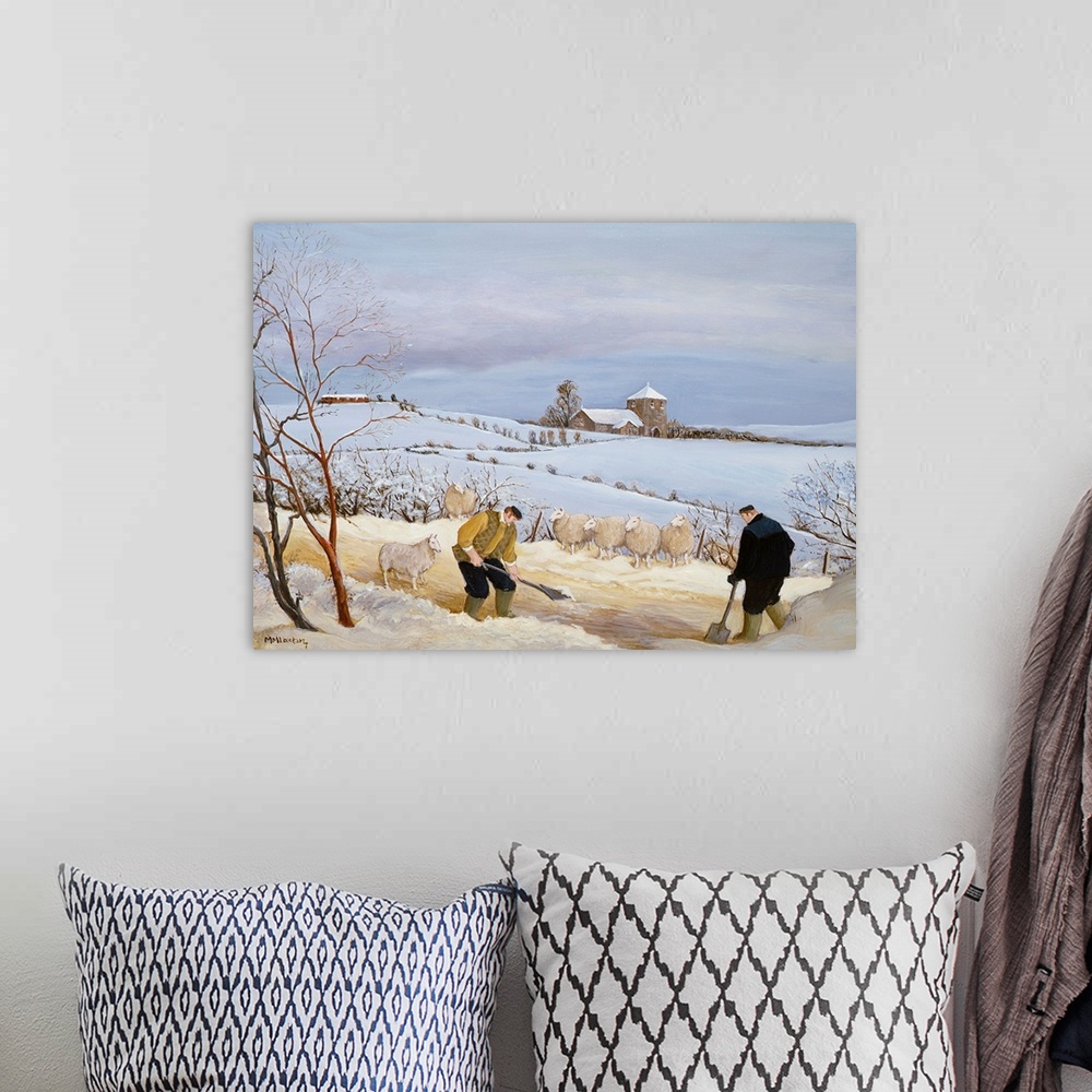 A bohemian room featuring Contemporary painting of shepherds working outside in the winter.