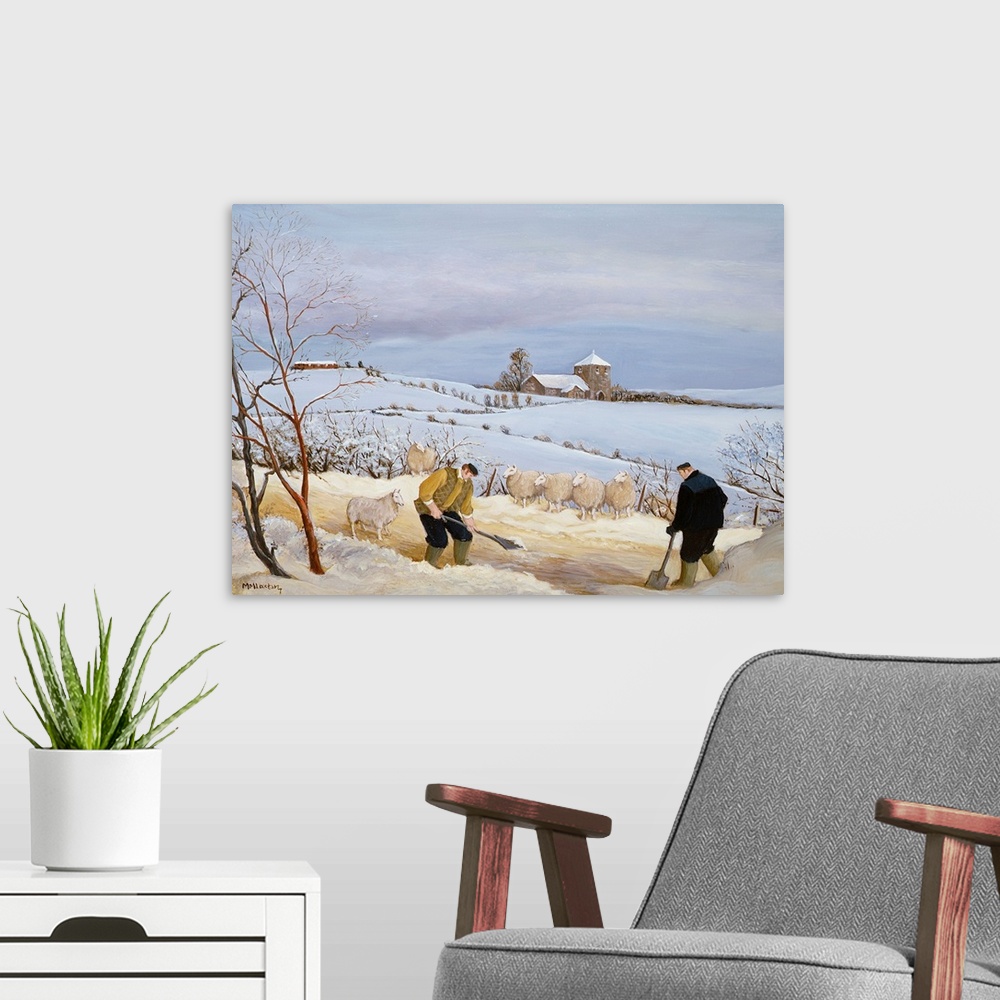 A modern room featuring Contemporary painting of shepherds working outside in the winter.