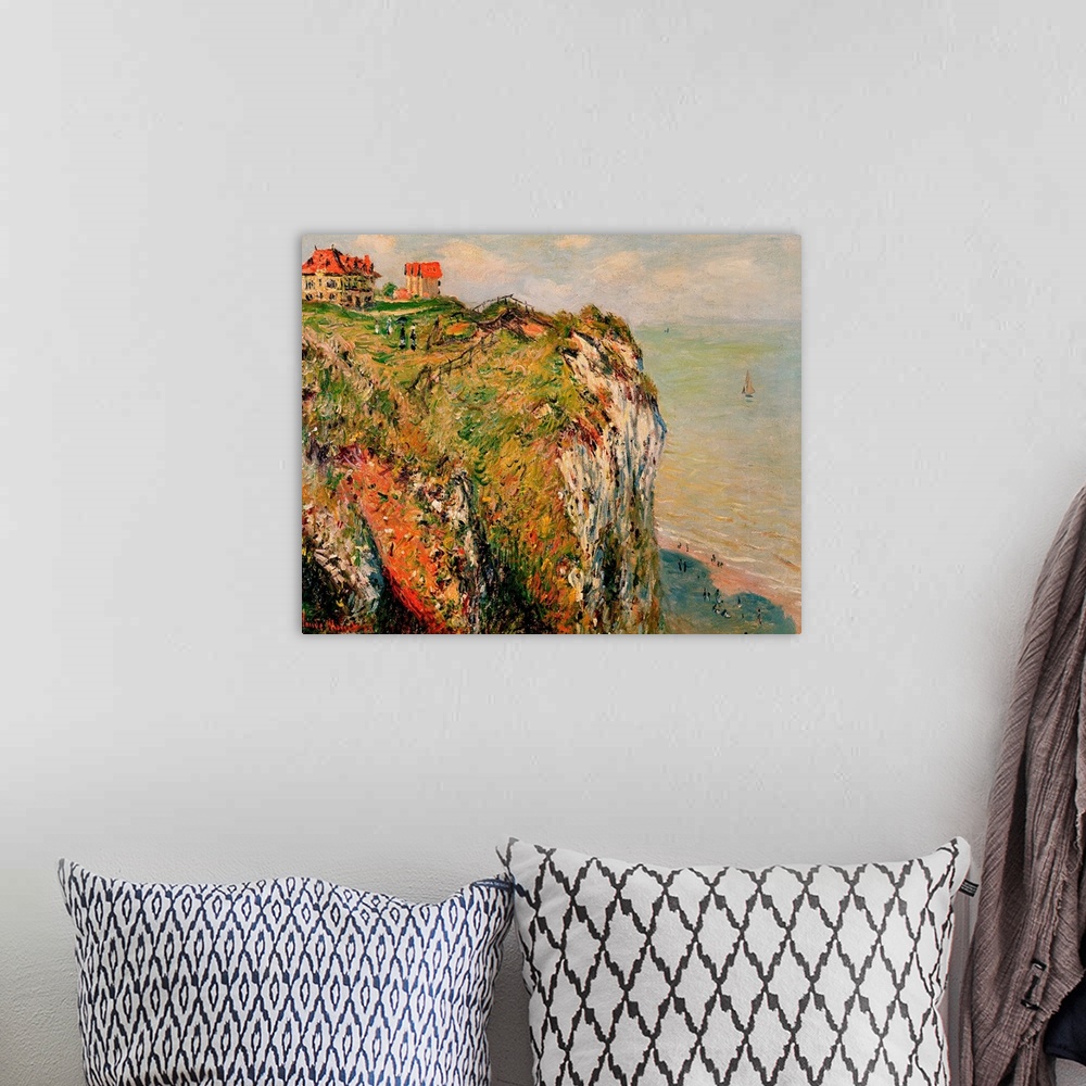 A bohemian room featuring This large oil painting depicts a cliff with houses pushed back from the ledge with red roofs. Th...