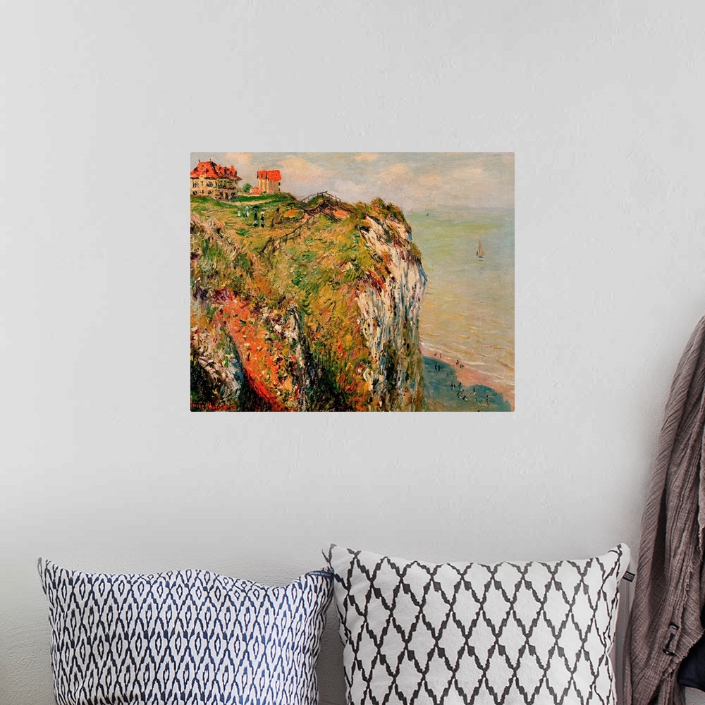 A bohemian room featuring This large oil painting depicts a cliff with houses pushed back from the ledge with red roofs. Th...