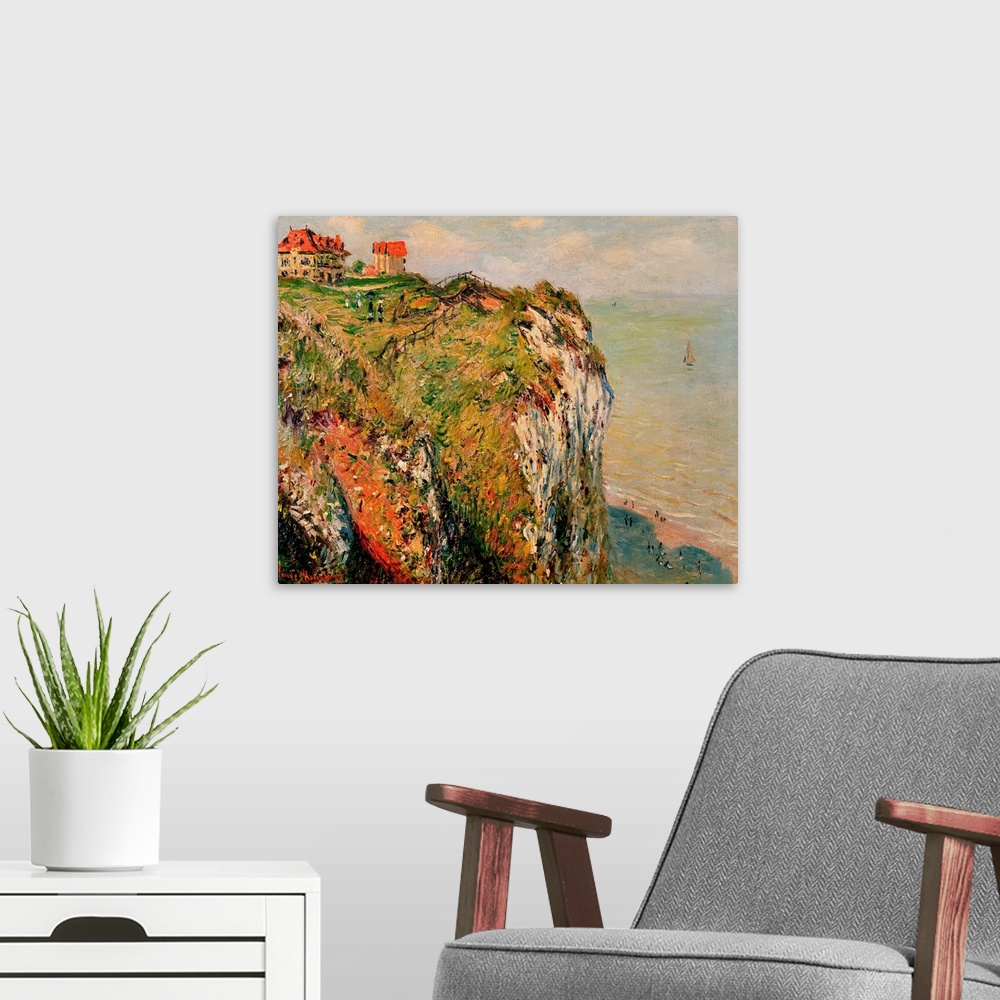 A modern room featuring This large oil painting depicts a cliff with houses pushed back from the ledge with red roofs. Th...